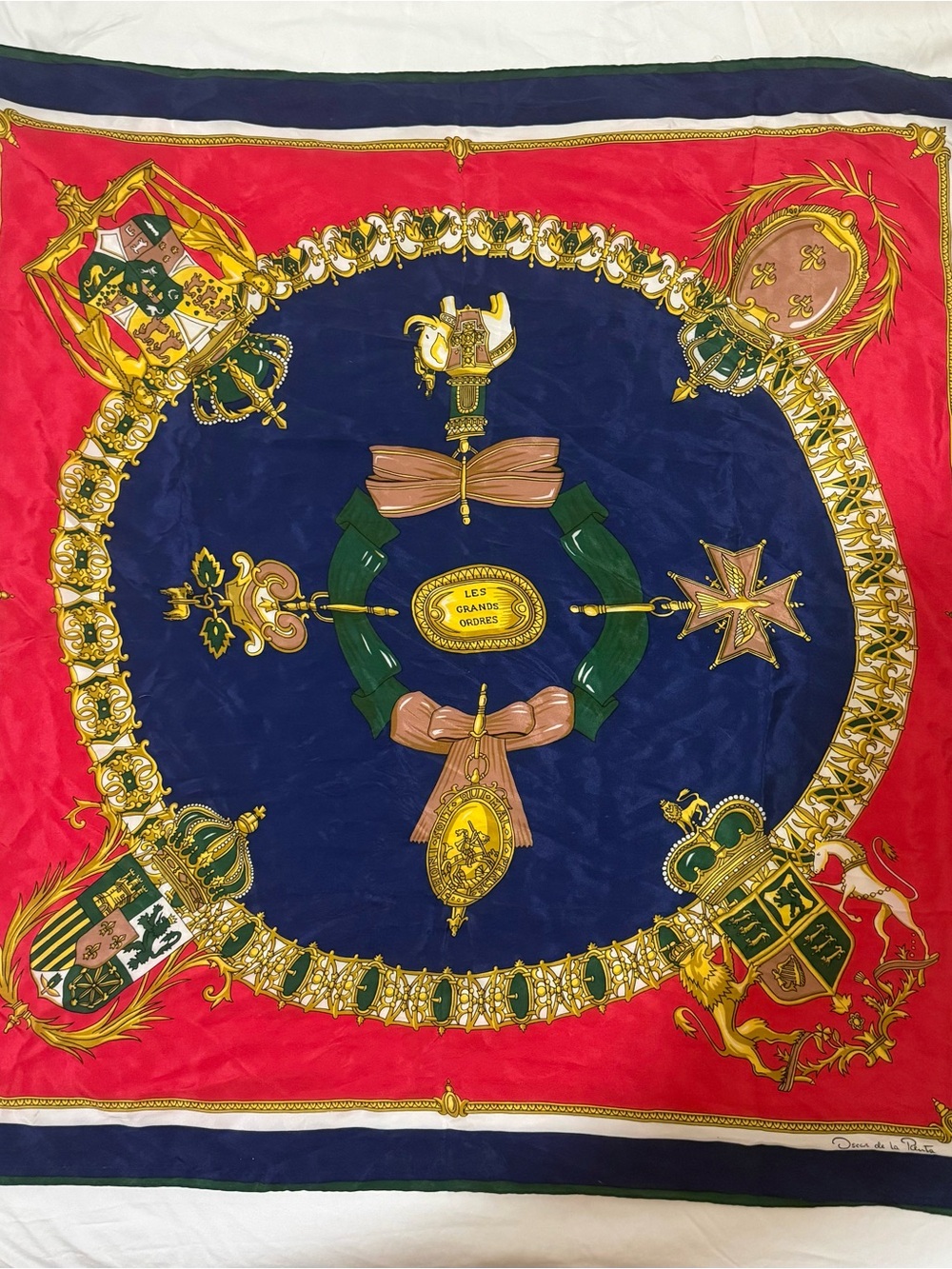 Oscar de la Renta Navy, Red, Green and Gold Medallion Silk Scarf - Picture 1 of 5
